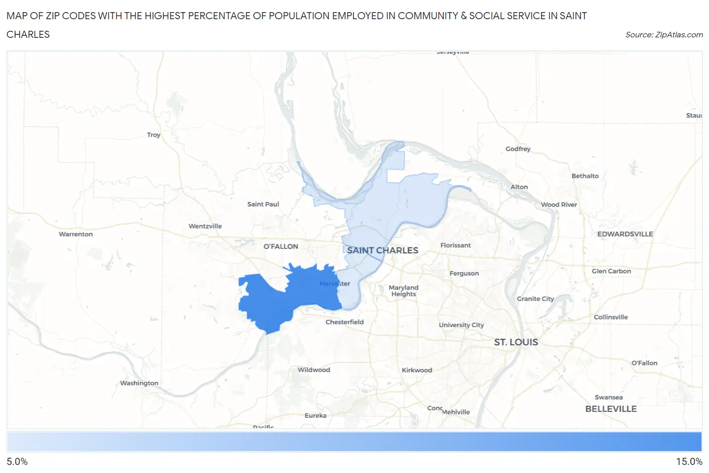 Zip Codes with the Highest Percentage of Population Employed in Community & Social Service  in Saint Charles Map