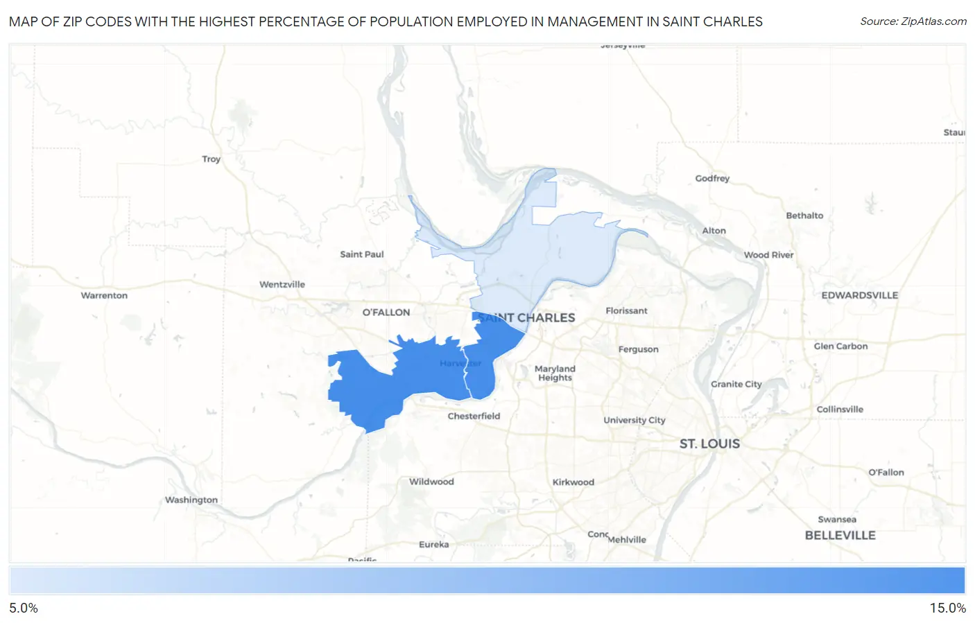 Zip Codes with the Highest Percentage of Population Employed in Management in Saint Charles Map