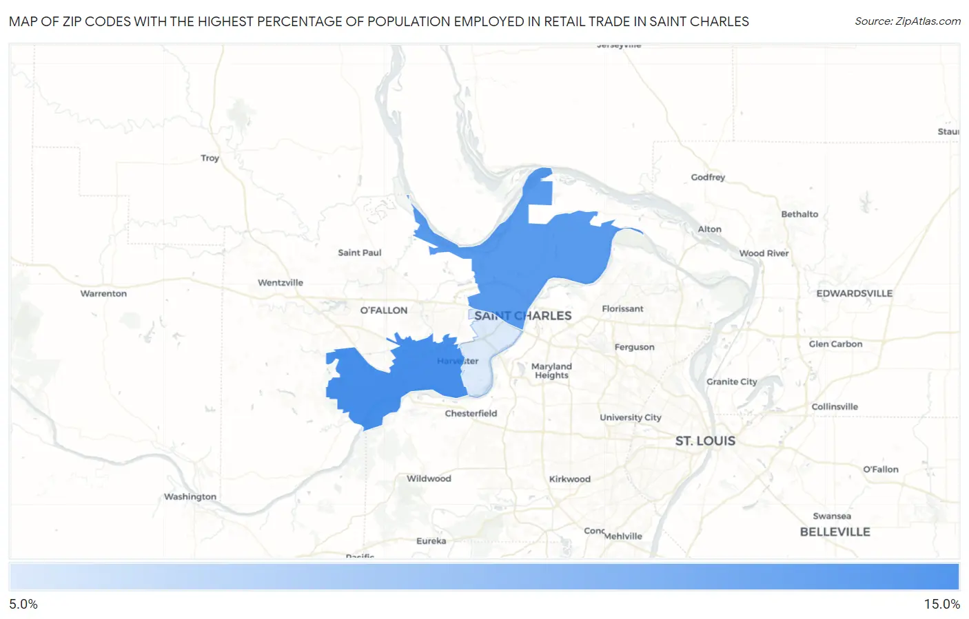 Zip Codes with the Highest Percentage of Population Employed in Retail Trade in Saint Charles Map