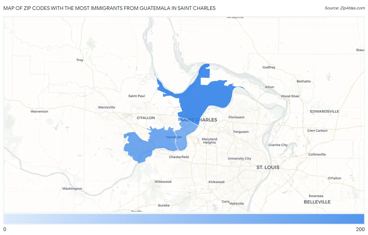 Zip Codes with the Most Immigrants from Guatemala in Saint Charles Map