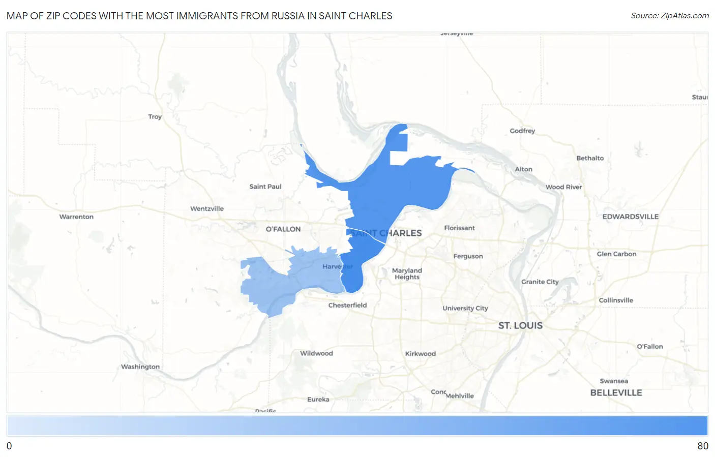 Zip Codes with the Most Immigrants from Russia in Saint Charles Map