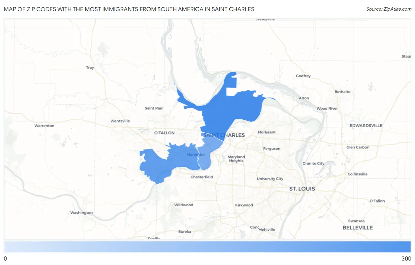 Zip Codes with the Most Immigrants from South America in Saint Charles Map