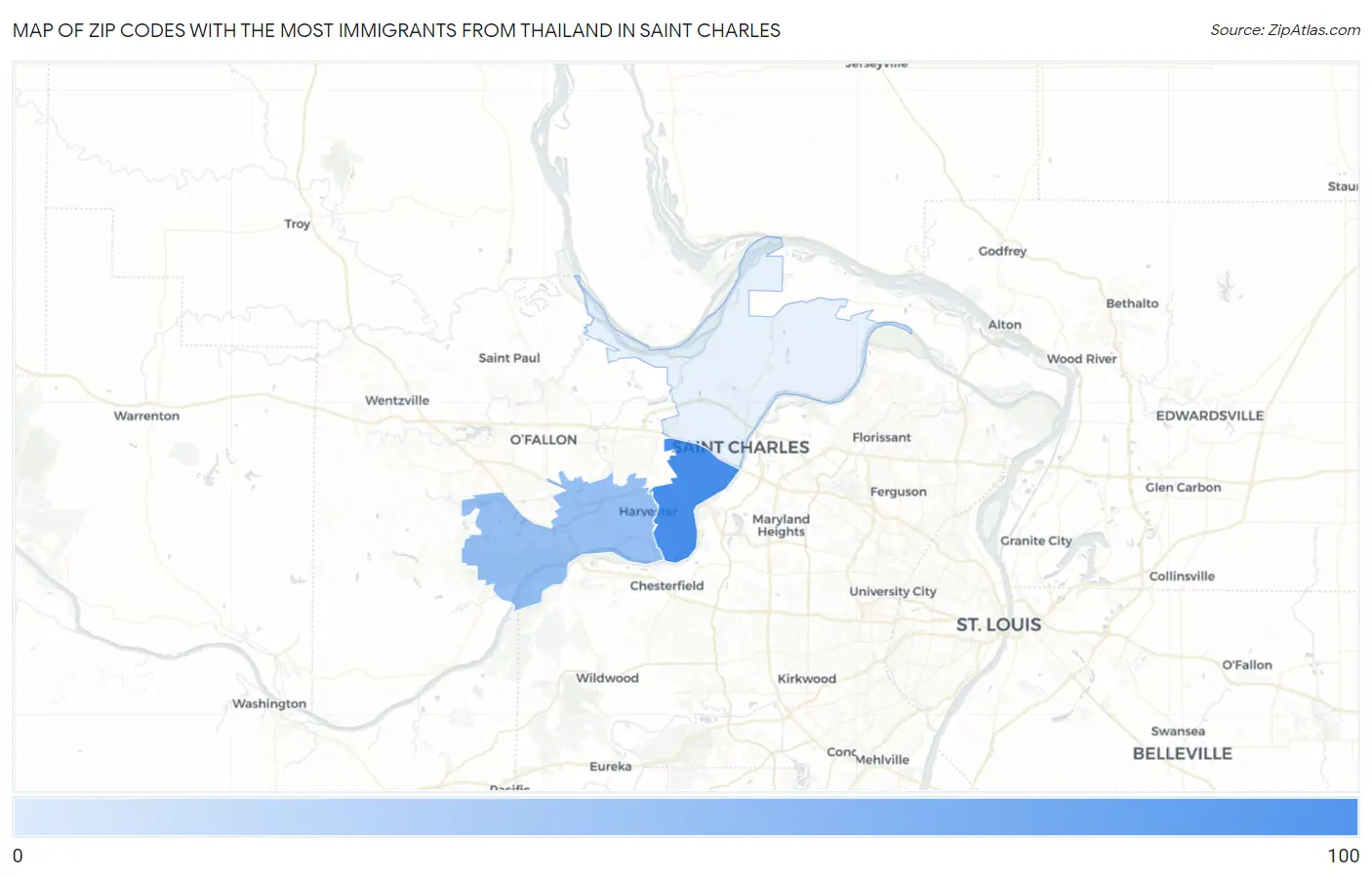 Zip Codes with the Most Immigrants from Thailand in Saint Charles Map