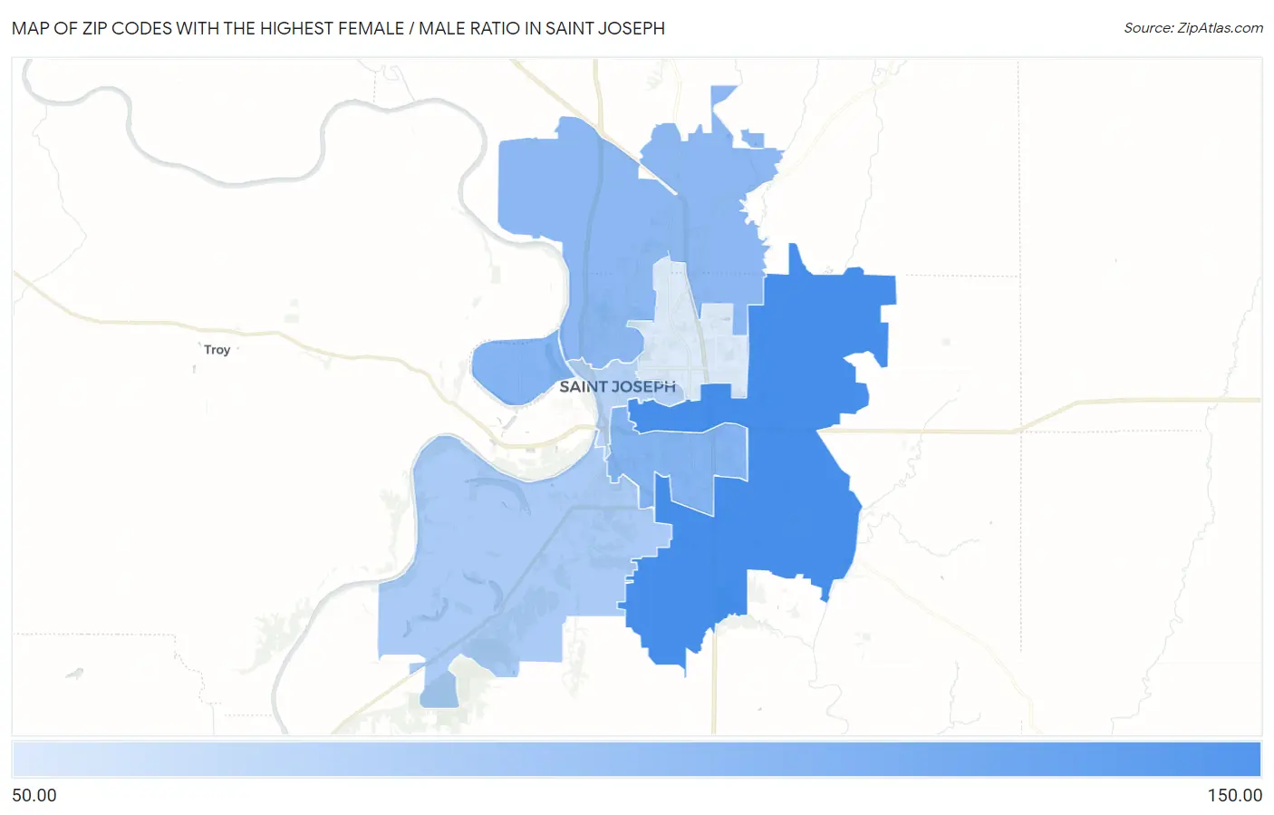 Zip Codes with the Highest Female / Male Ratio in Saint Joseph Map