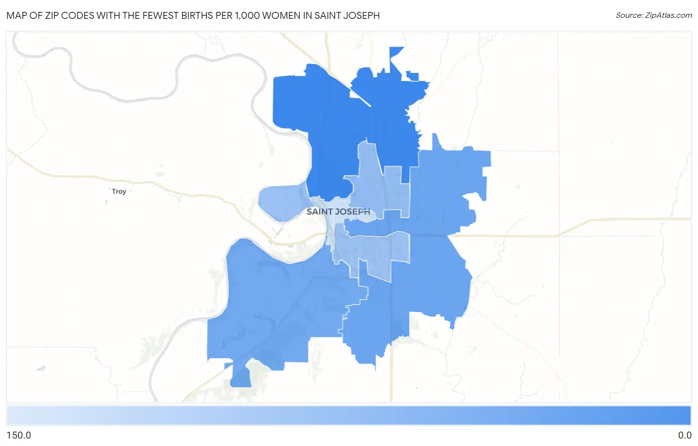 Zip Codes with the Fewest Births per 1,000 Women in Saint Joseph Map