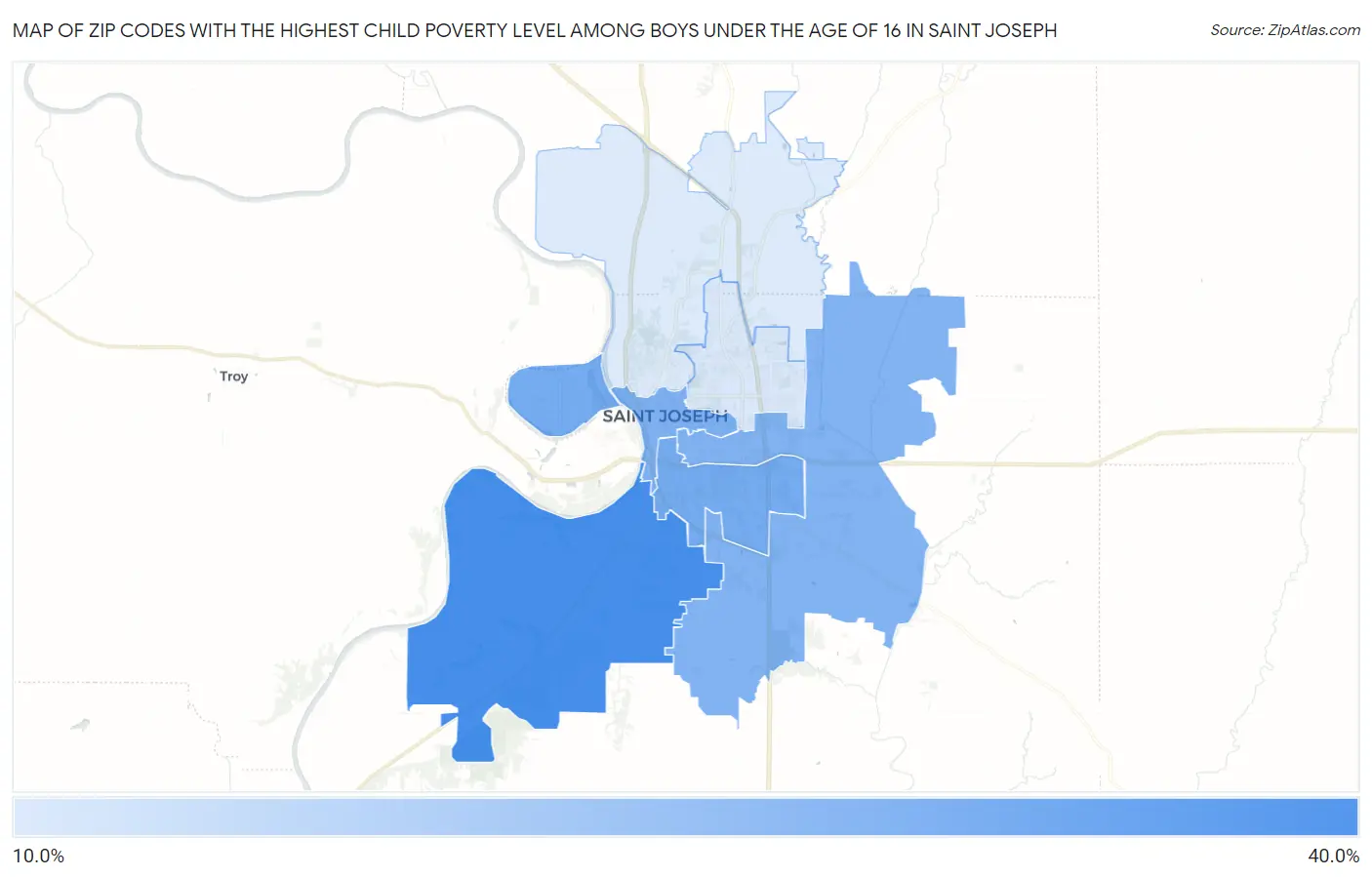 Zip Codes with the Highest Child Poverty Level Among Boys Under the Age of 16 in Saint Joseph Map
