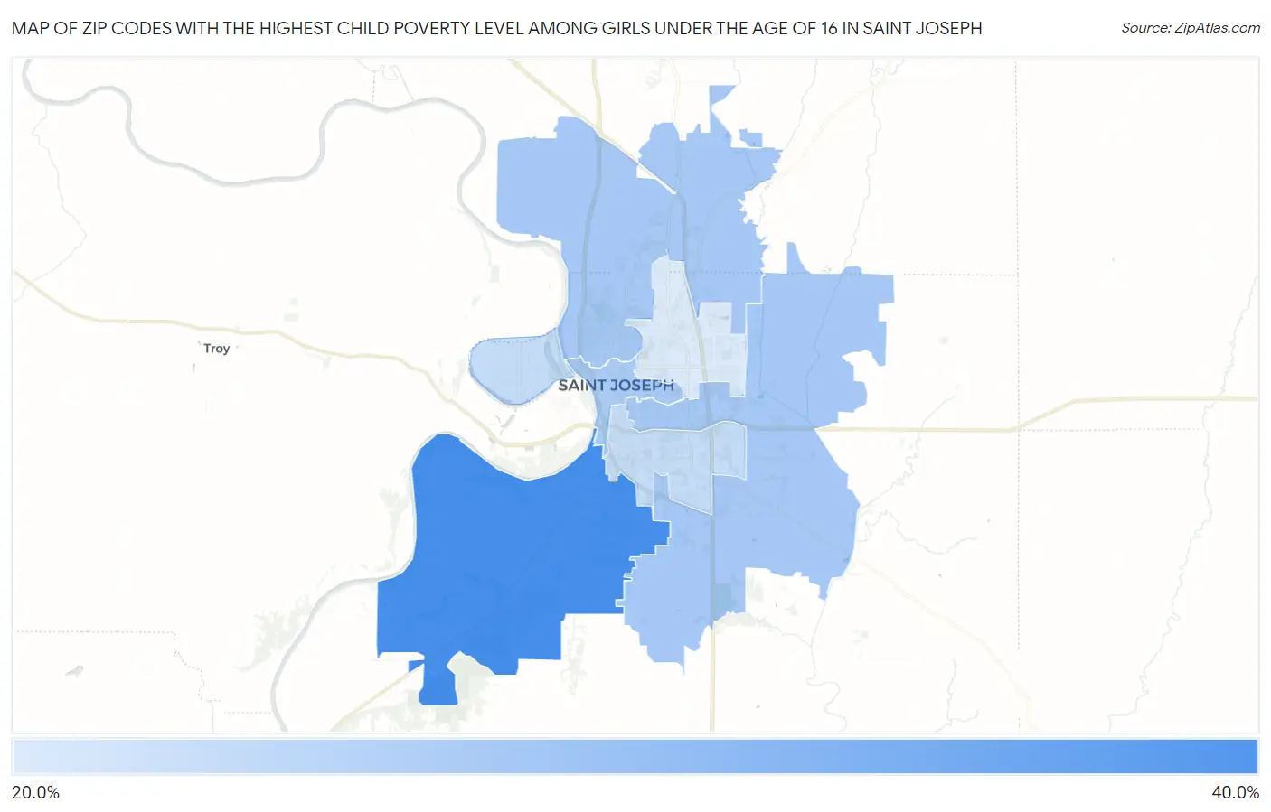 Zip Codes with the Highest Child Poverty Level Among Girls Under the Age of 16 in Saint Joseph Map