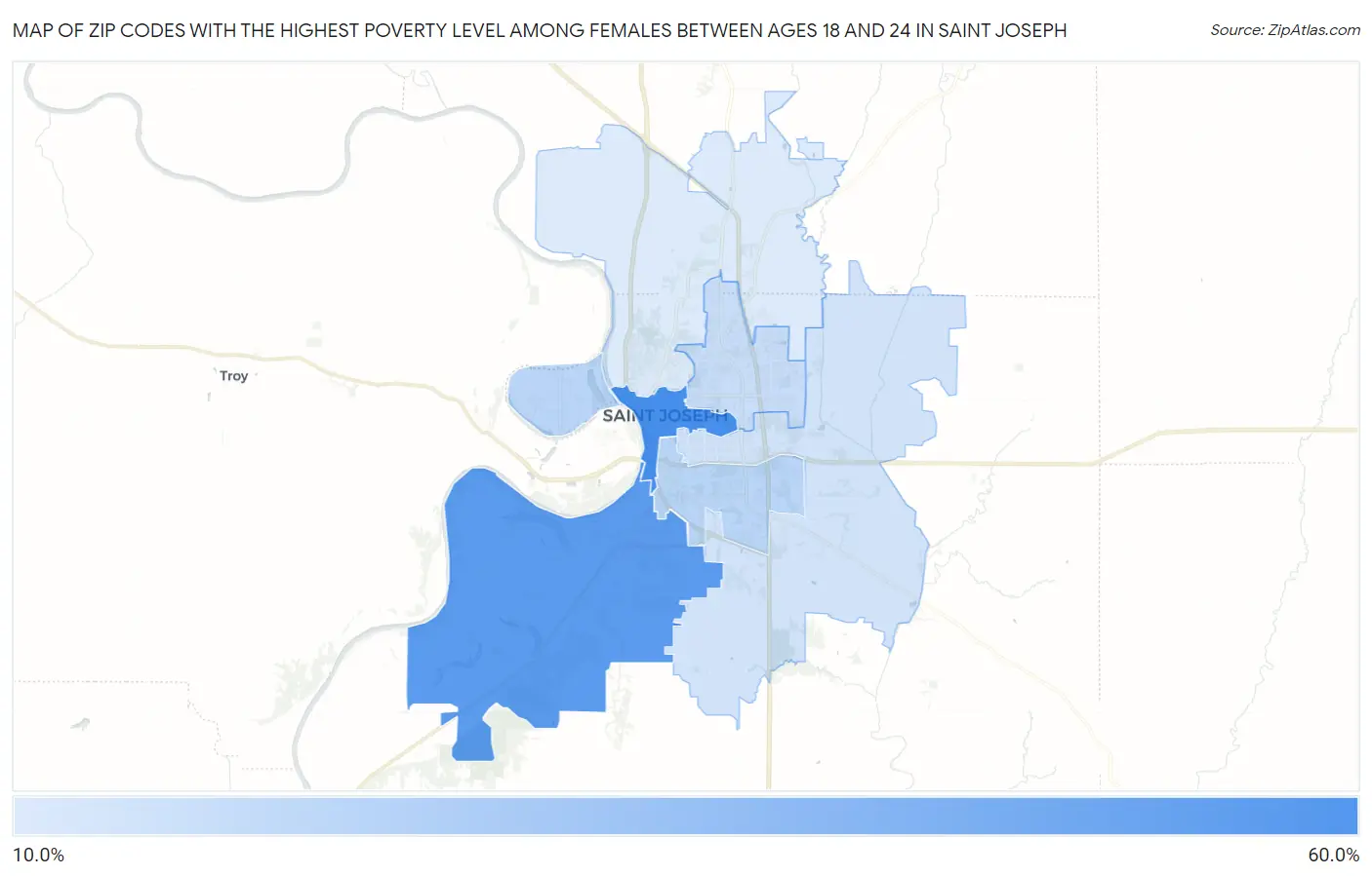 Zip Codes with the Highest Poverty Level Among Females Between Ages 18 and 24 in Saint Joseph Map