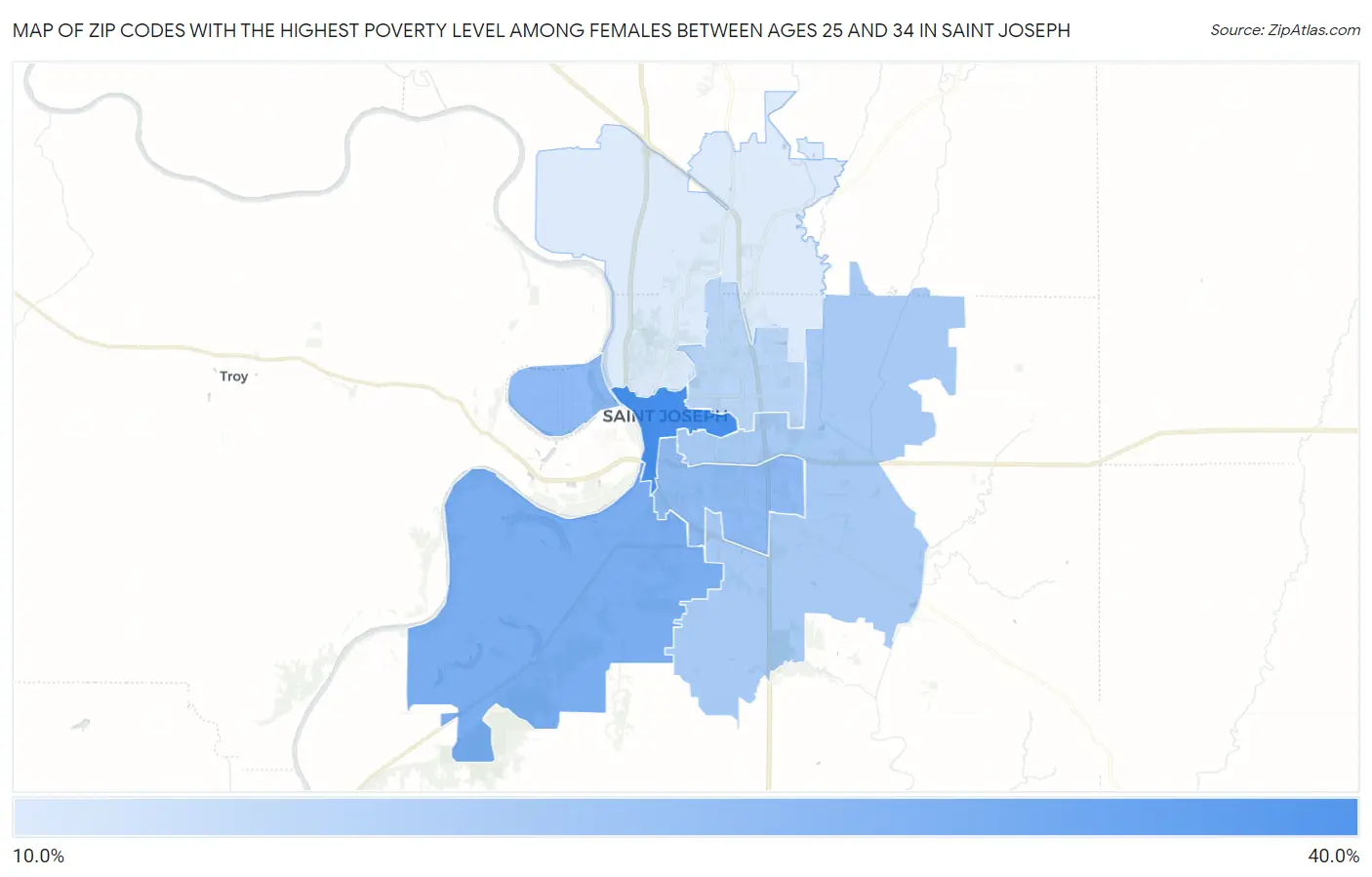 Zip Codes with the Highest Poverty Level Among Females Between Ages 25 and 34 in Saint Joseph Map
