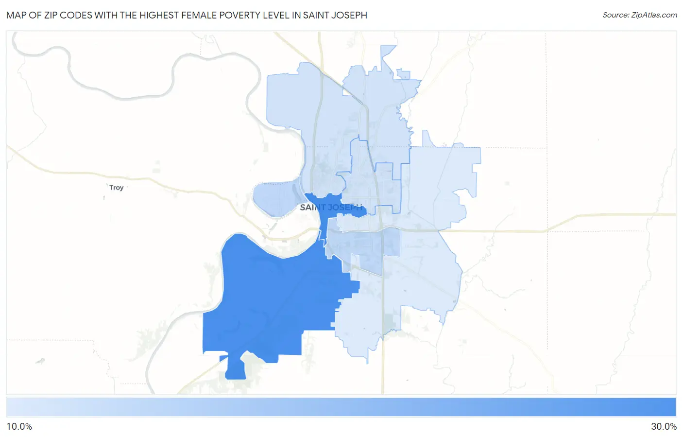 Zip Codes with the Highest Female Poverty Level in Saint Joseph Map