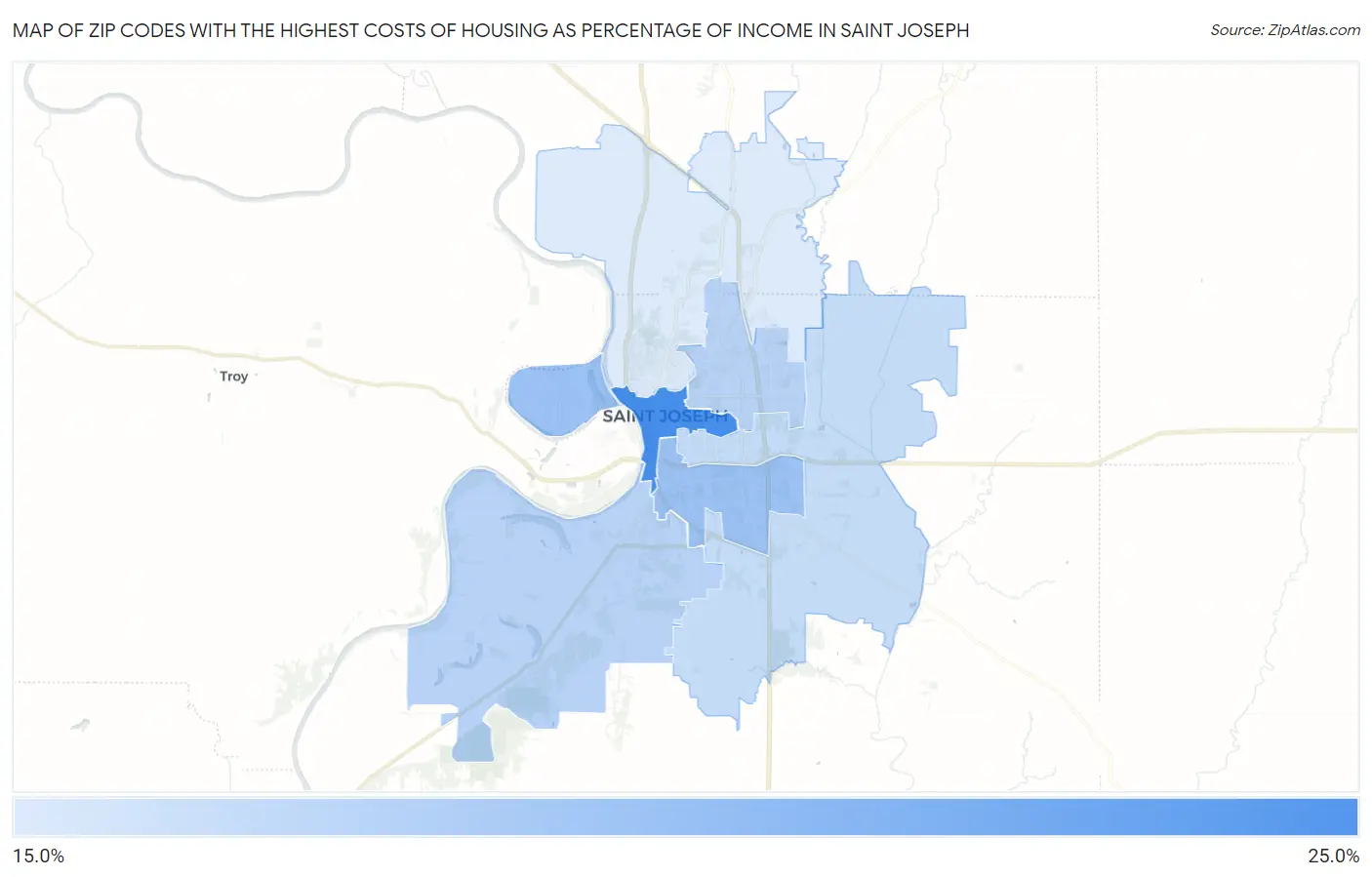 Zip Codes with the Highest Costs of Housing as Percentage of Income in Saint Joseph Map