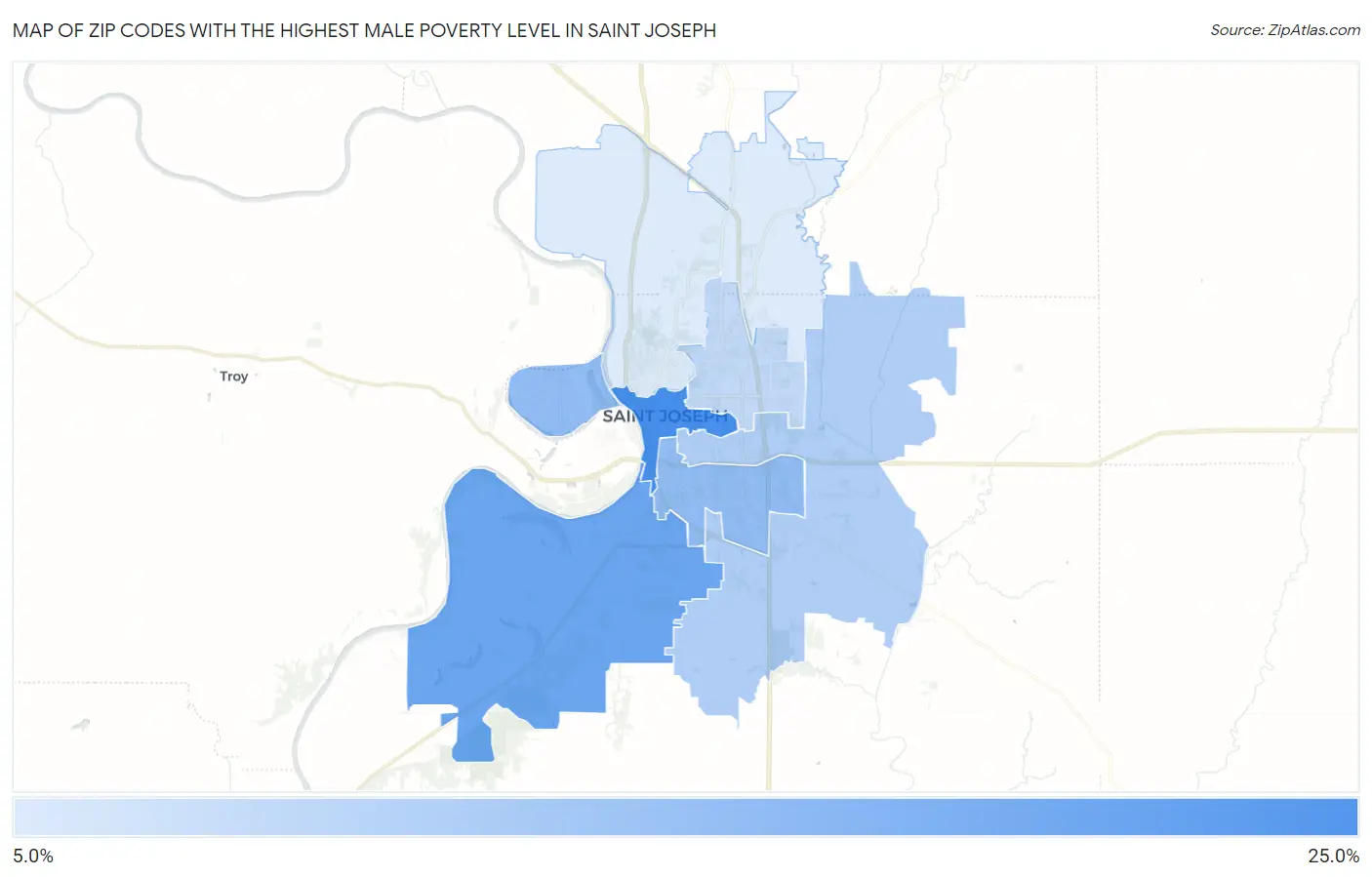 Zip Codes with the Highest Male Poverty Level in Saint Joseph Map
