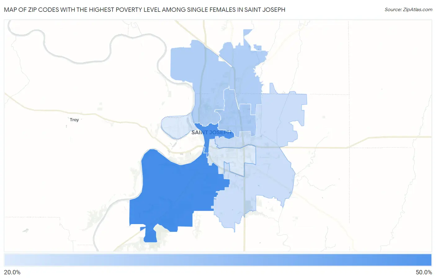 Zip Codes with the Highest Poverty Level Among Single Females in Saint Joseph Map