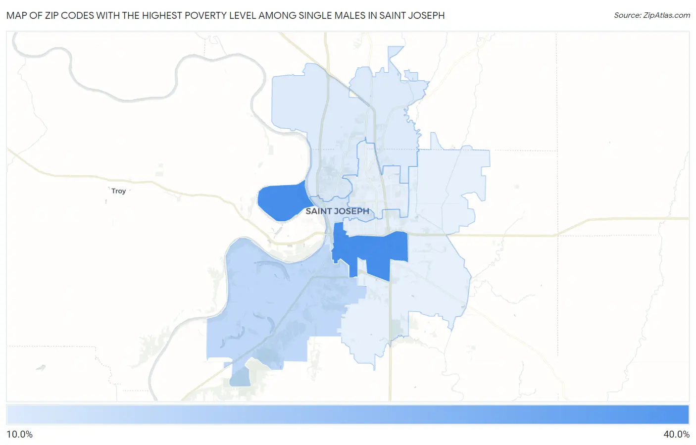 Zip Codes with the Highest Poverty Level Among Single Males in Saint Joseph Map