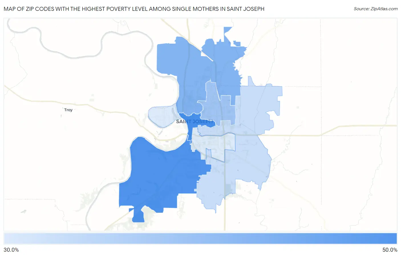 Zip Codes with the Highest Poverty Level Among Single Mothers in Saint Joseph Map