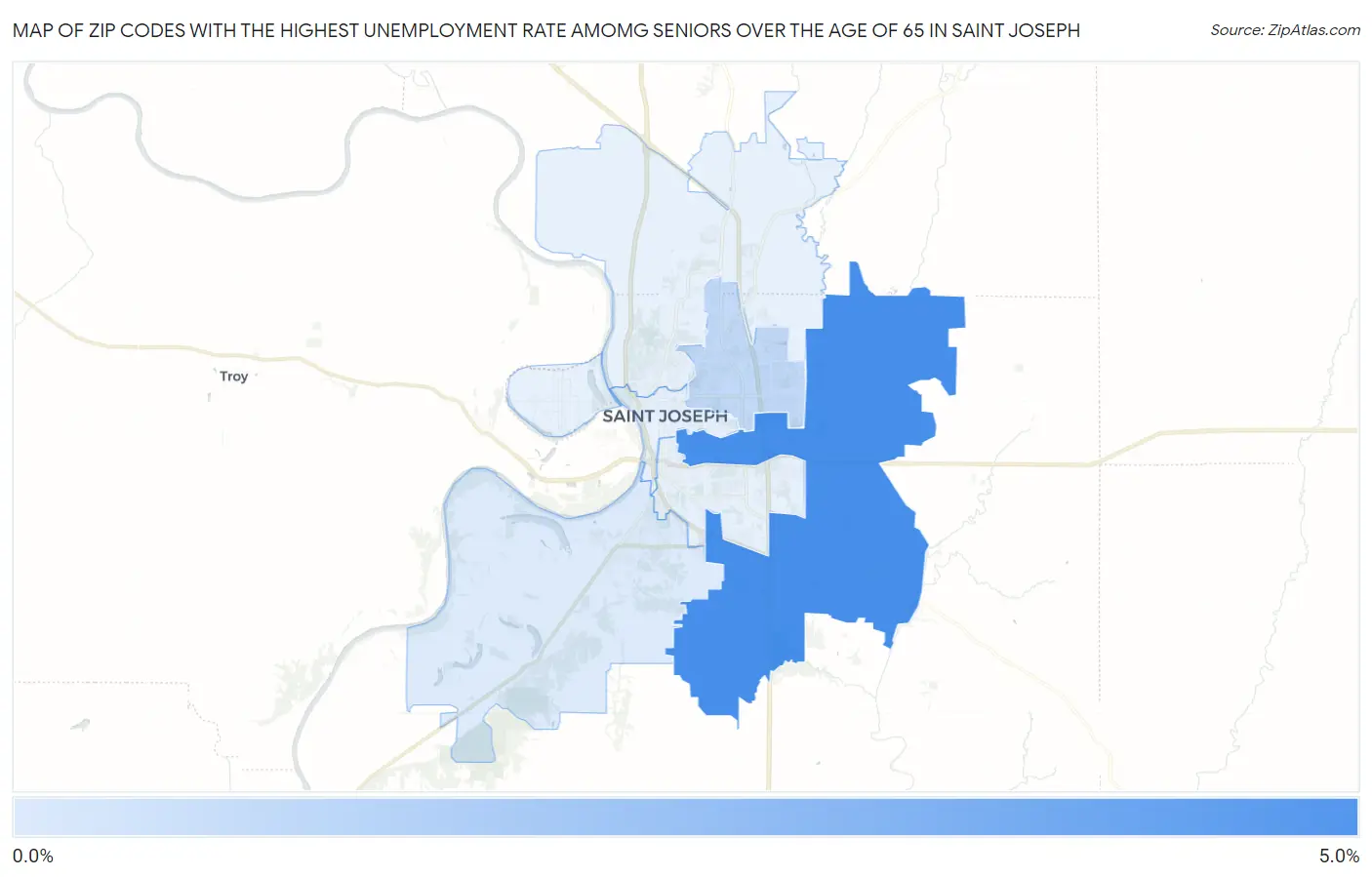 Zip Codes with the Highest Unemployment Rate Amomg Seniors Over the Age of 65 in Saint Joseph Map