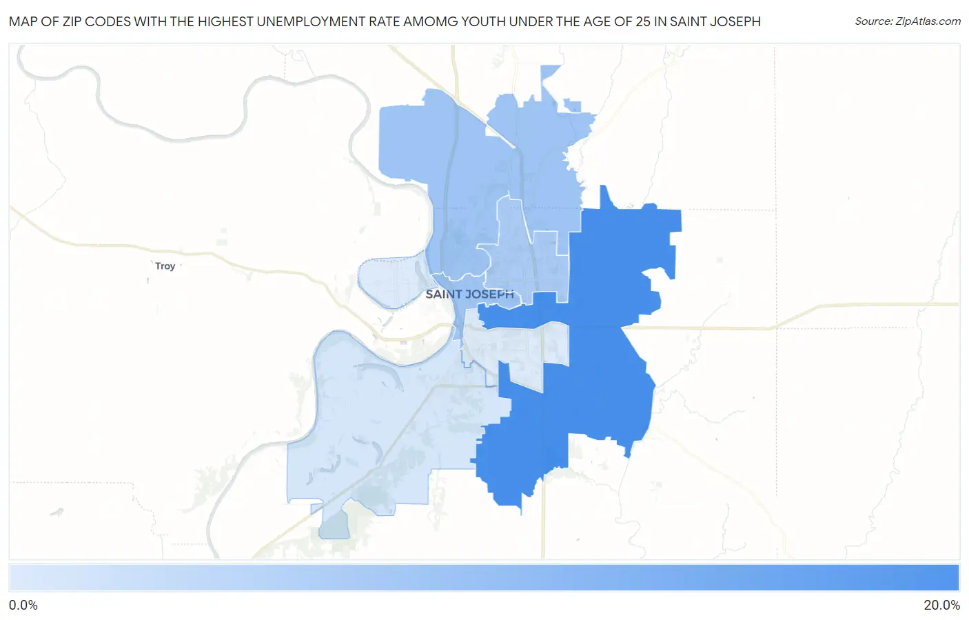 Zip Codes with the Highest Unemployment Rate Amomg Youth Under the Age of 25 in Saint Joseph Map