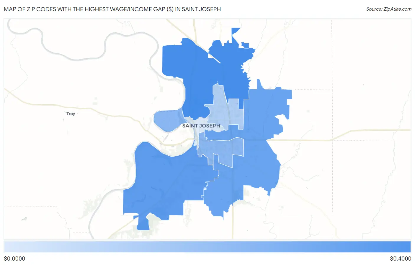 Zip Codes with the Highest Wage/Income Gap ($) in Saint Joseph Map