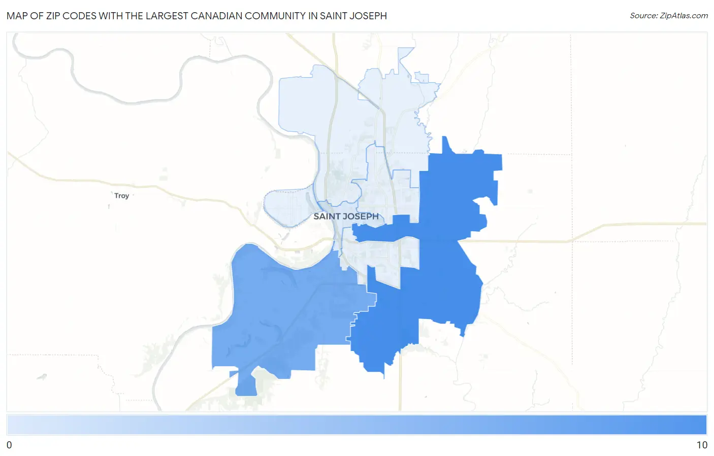 Zip Codes with the Largest Canadian Community in Saint Joseph Map