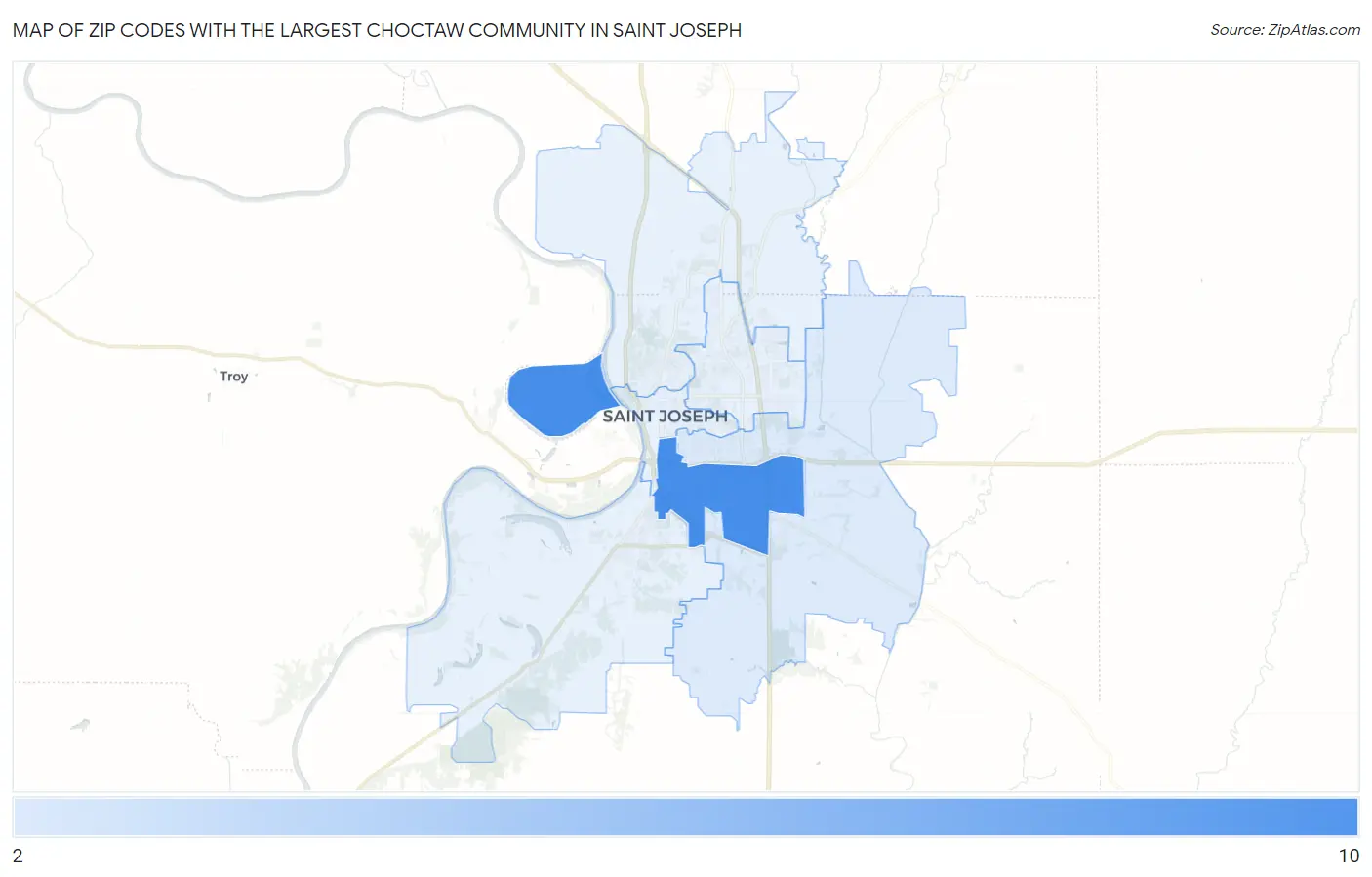 Zip Codes with the Largest Choctaw Community in Saint Joseph Map