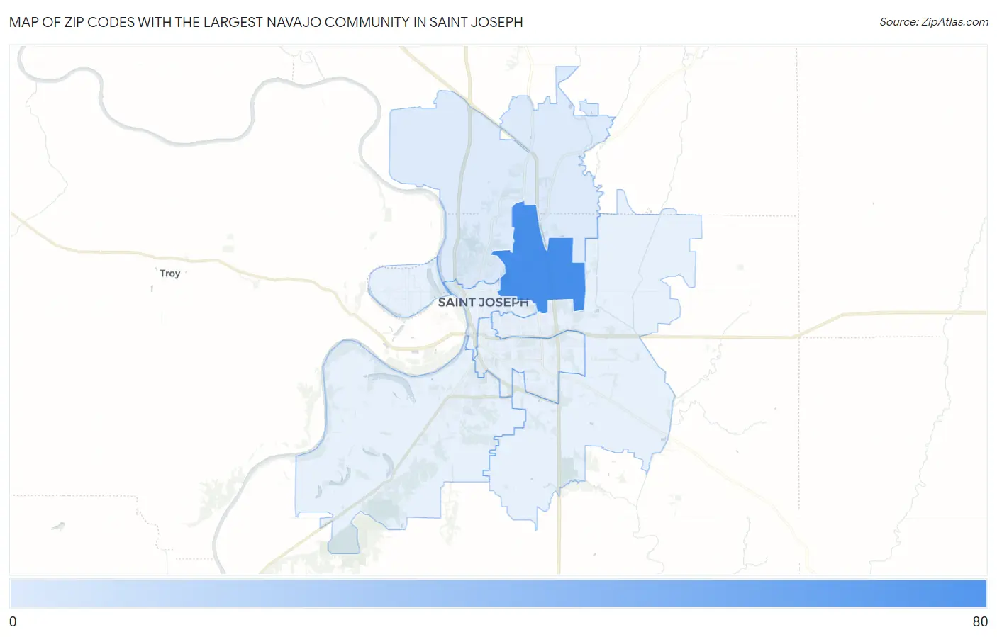 Zip Codes with the Largest Navajo Community in Saint Joseph Map