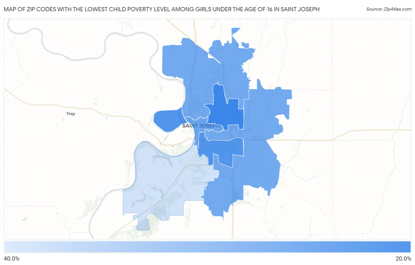 Zip Codes with the Lowest Child Poverty Level Among Girls Under the Age of 16 in Saint Joseph Map