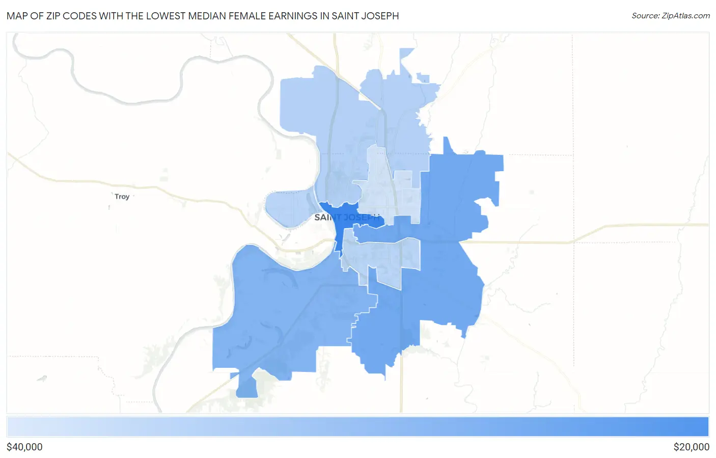 Zip Codes with the Lowest Median Female Earnings in Saint Joseph Map