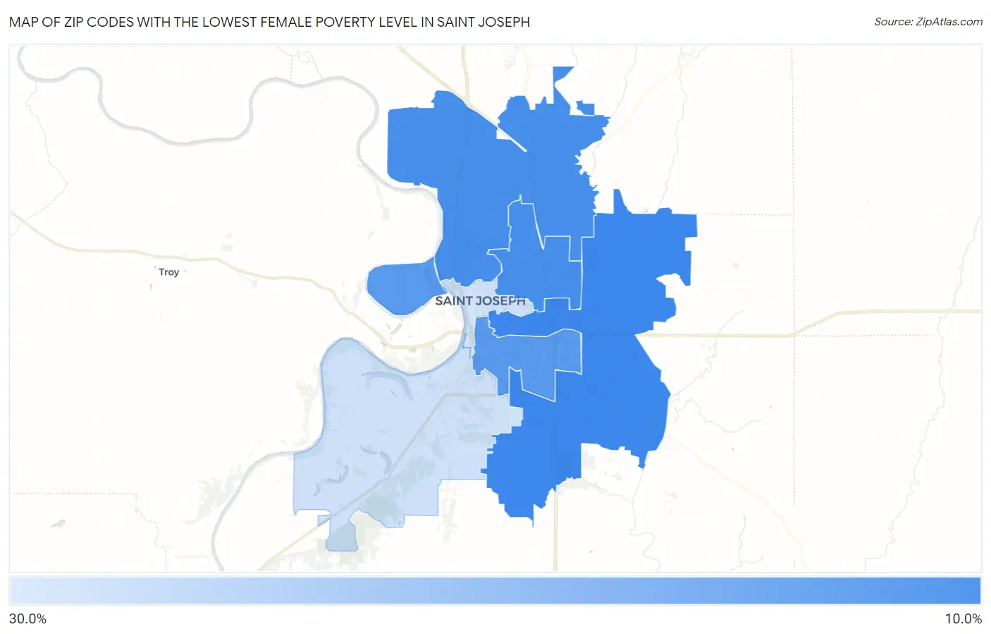 Zip Codes with the Lowest Female Poverty Level in Saint Joseph Map