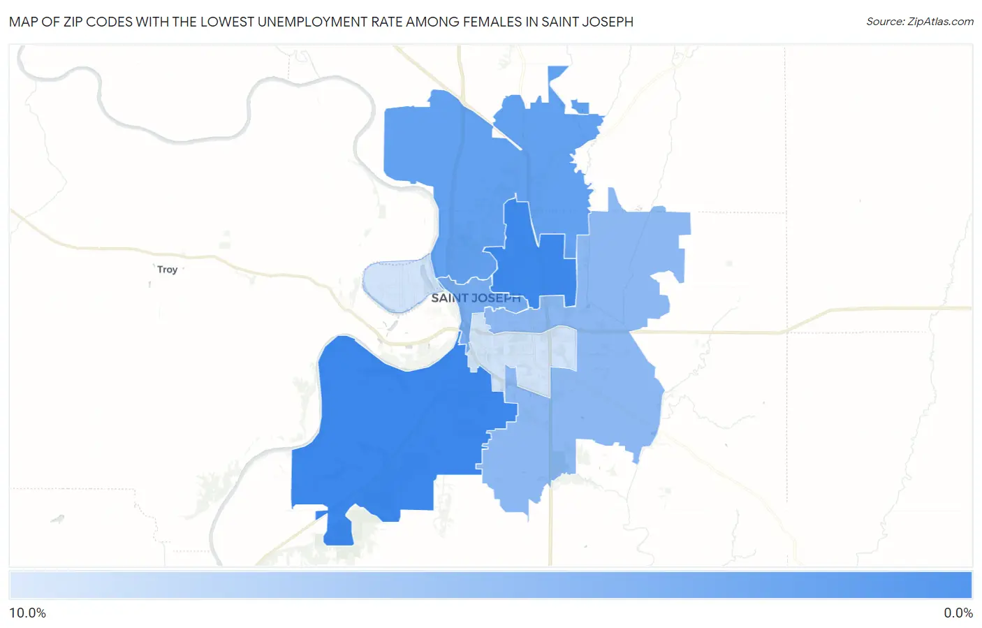 Zip Codes with the Lowest Unemployment Rate Among Females in Saint Joseph Map