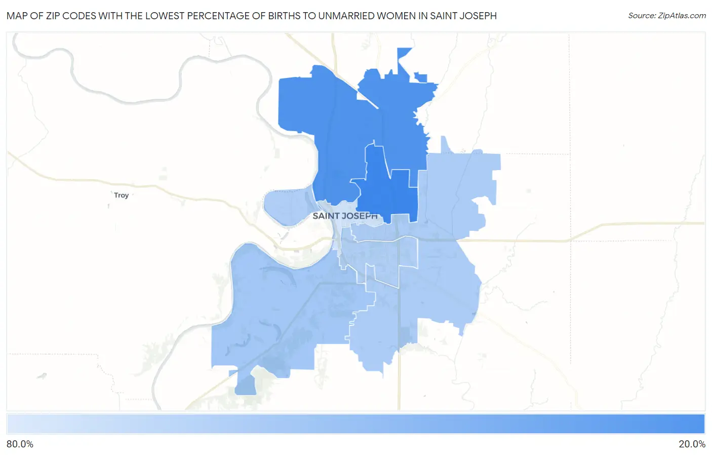 Zip Codes with the Lowest Percentage of Births to Unmarried Women in Saint Joseph Map