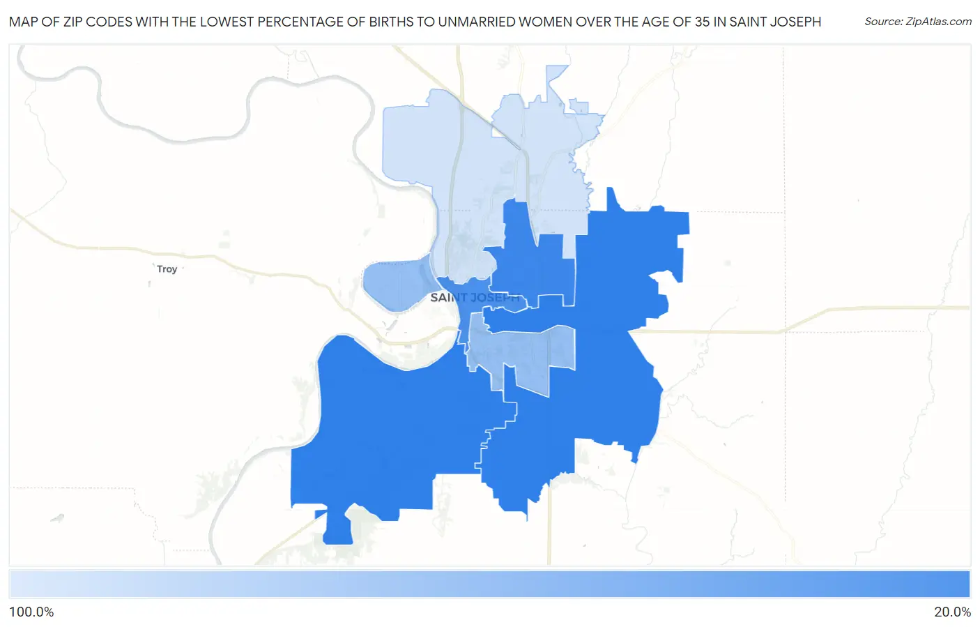 Zip Codes with the Lowest Percentage of Births to Unmarried Women over the Age of 35 in Saint Joseph Map
