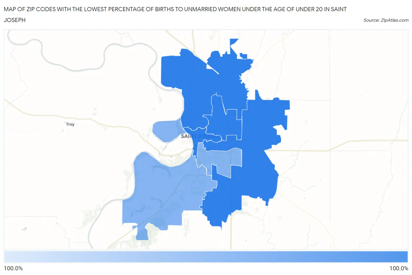 Zip Codes with the Lowest Percentage of Births to Unmarried Women under the Age of under 20 in Saint Joseph Map