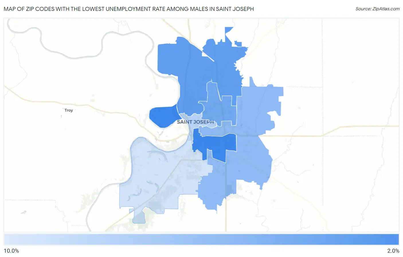 Zip Codes with the Lowest Unemployment Rate Among Males in Saint Joseph Map