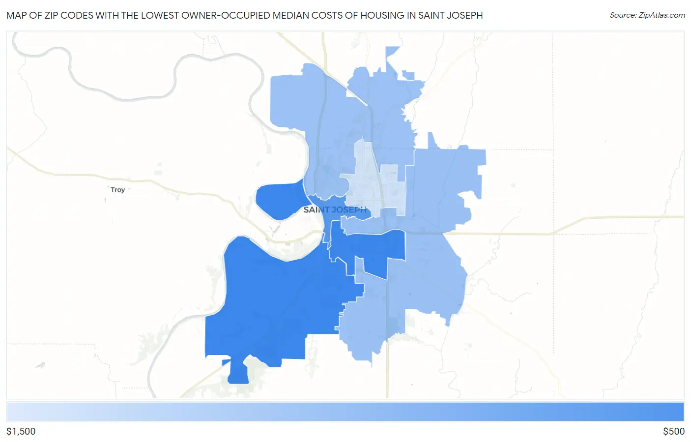 Zip Codes with the Lowest Owner-Occupied Median Costs of Housing in Saint Joseph Map