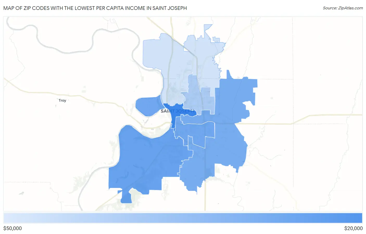 Zip Codes with the Lowest Per Capita Income in Saint Joseph Map