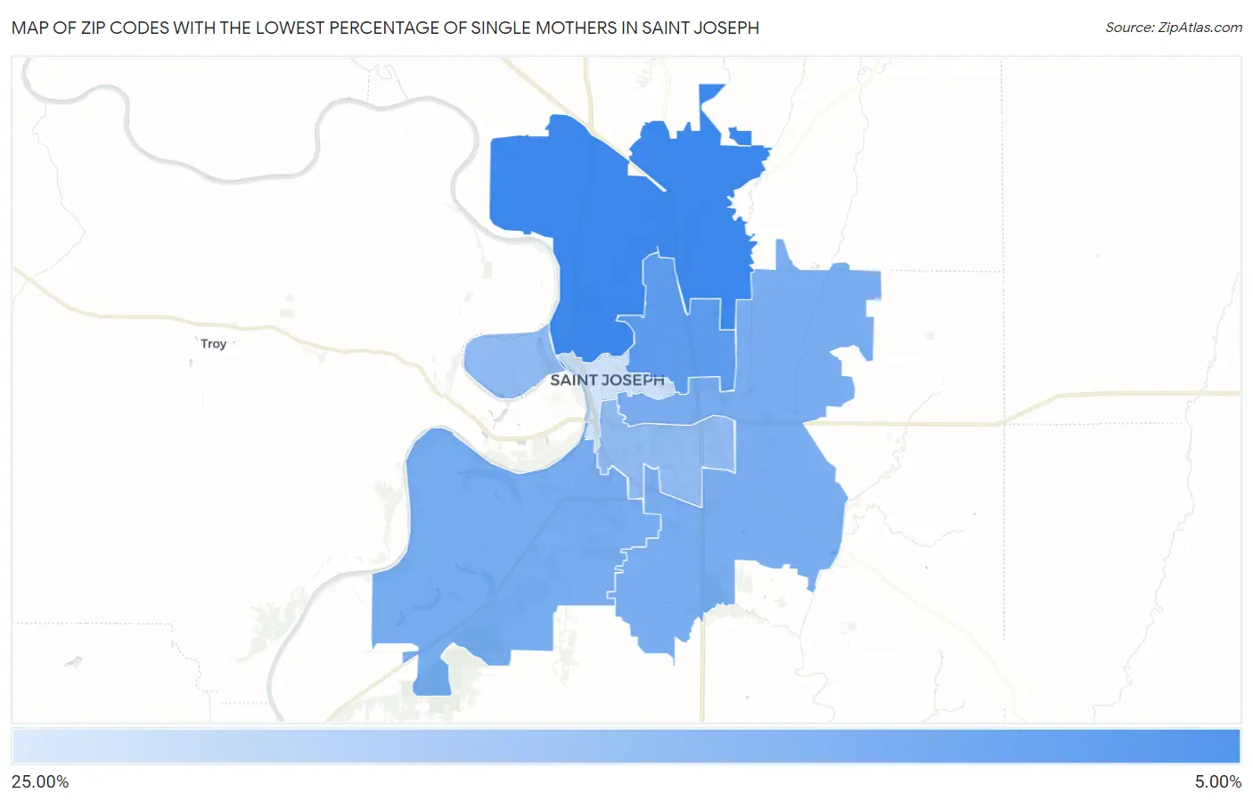 Zip Codes with the Lowest Percentage of Single Mothers in Saint Joseph Map