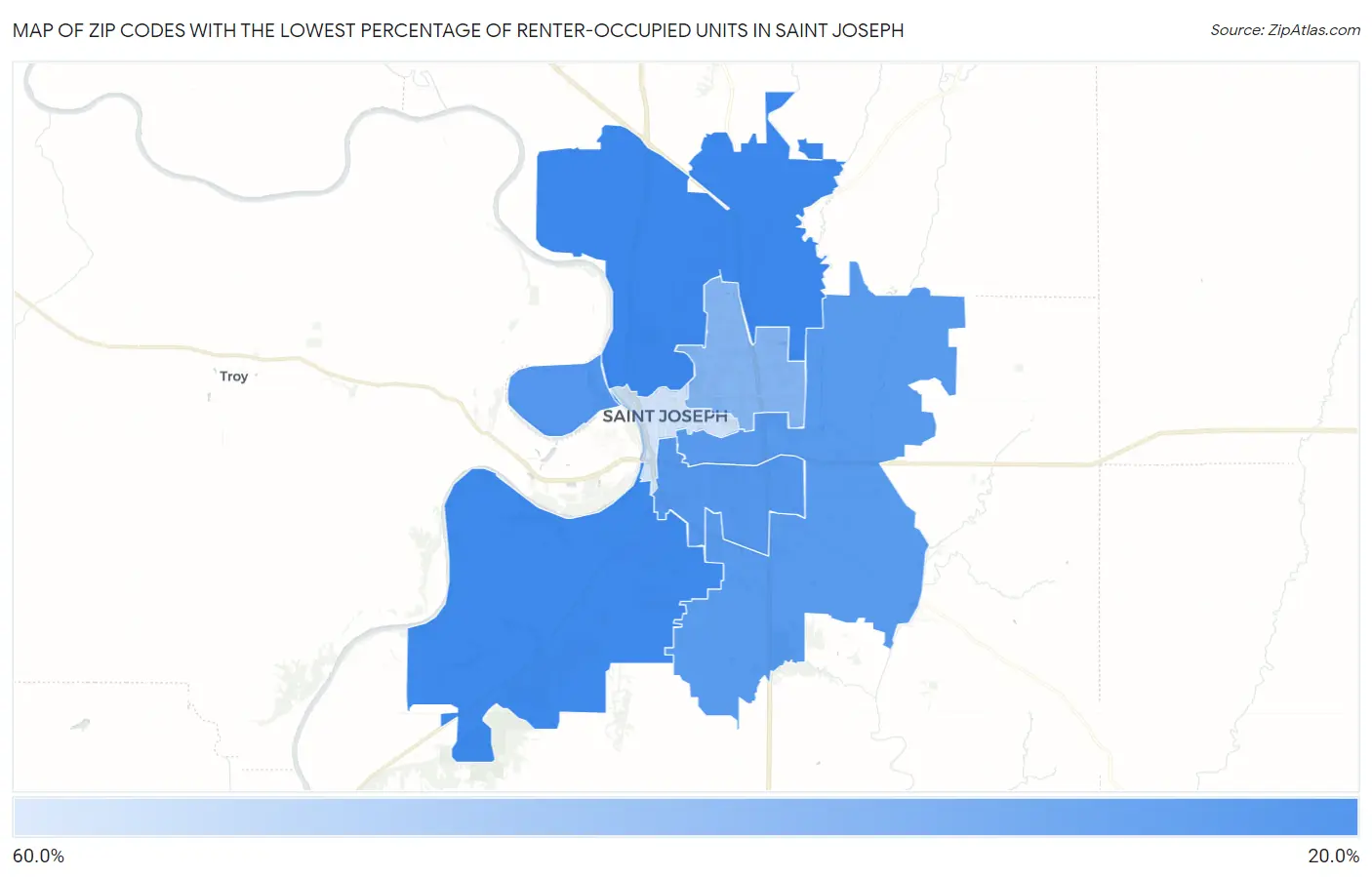Zip Codes with the Lowest Percentage of Renter-Occupied Units in Saint Joseph Map