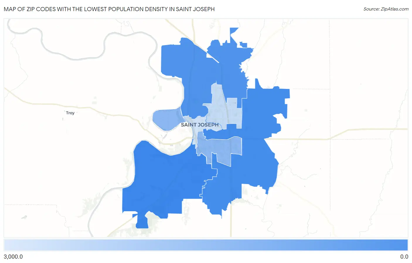 Zip Codes with the Lowest Population Density in Saint Joseph Map