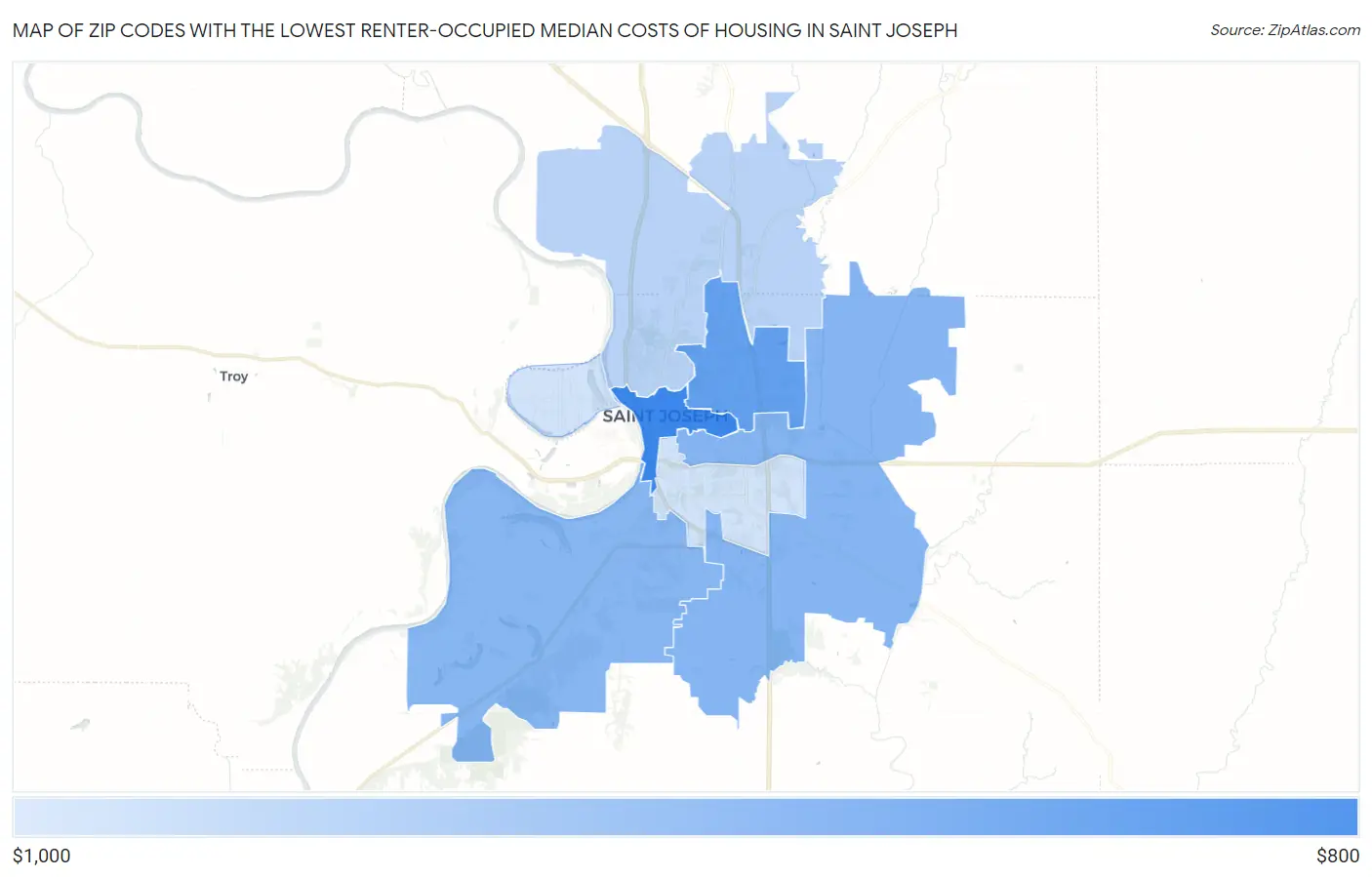 Zip Codes with the Lowest Renter-Occupied Median Costs of Housing in Saint Joseph Map