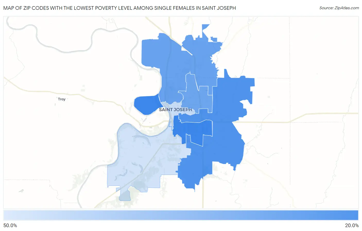 Zip Codes with the Lowest Poverty Level Among Single Females in Saint Joseph Map