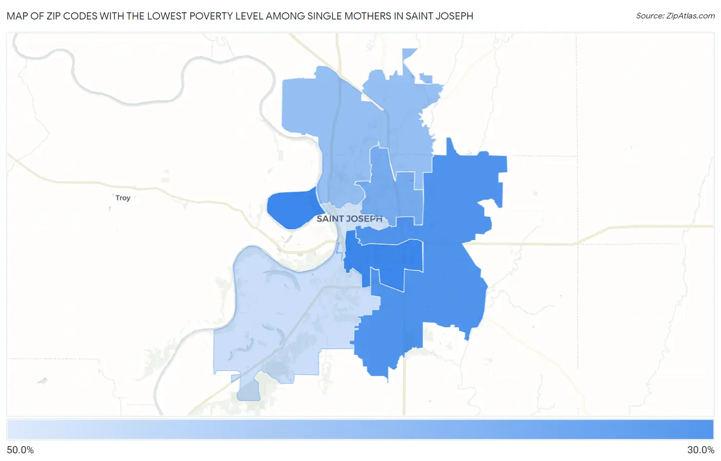 Zip Codes with the Lowest Poverty Level Among Single Mothers in Saint Joseph Map