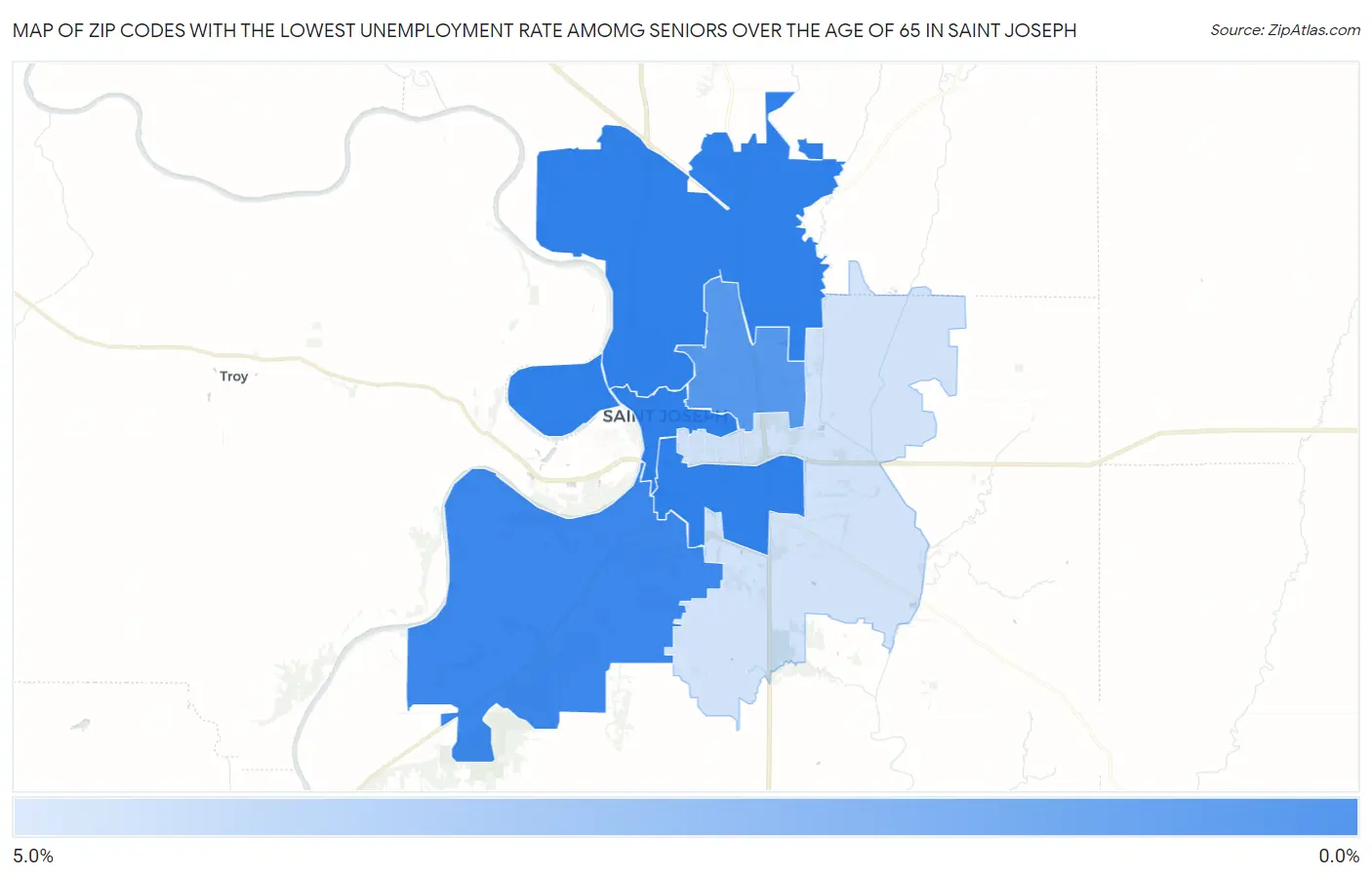 Zip Codes with the Lowest Unemployment Rate Amomg Seniors Over the Age of 65 in Saint Joseph Map