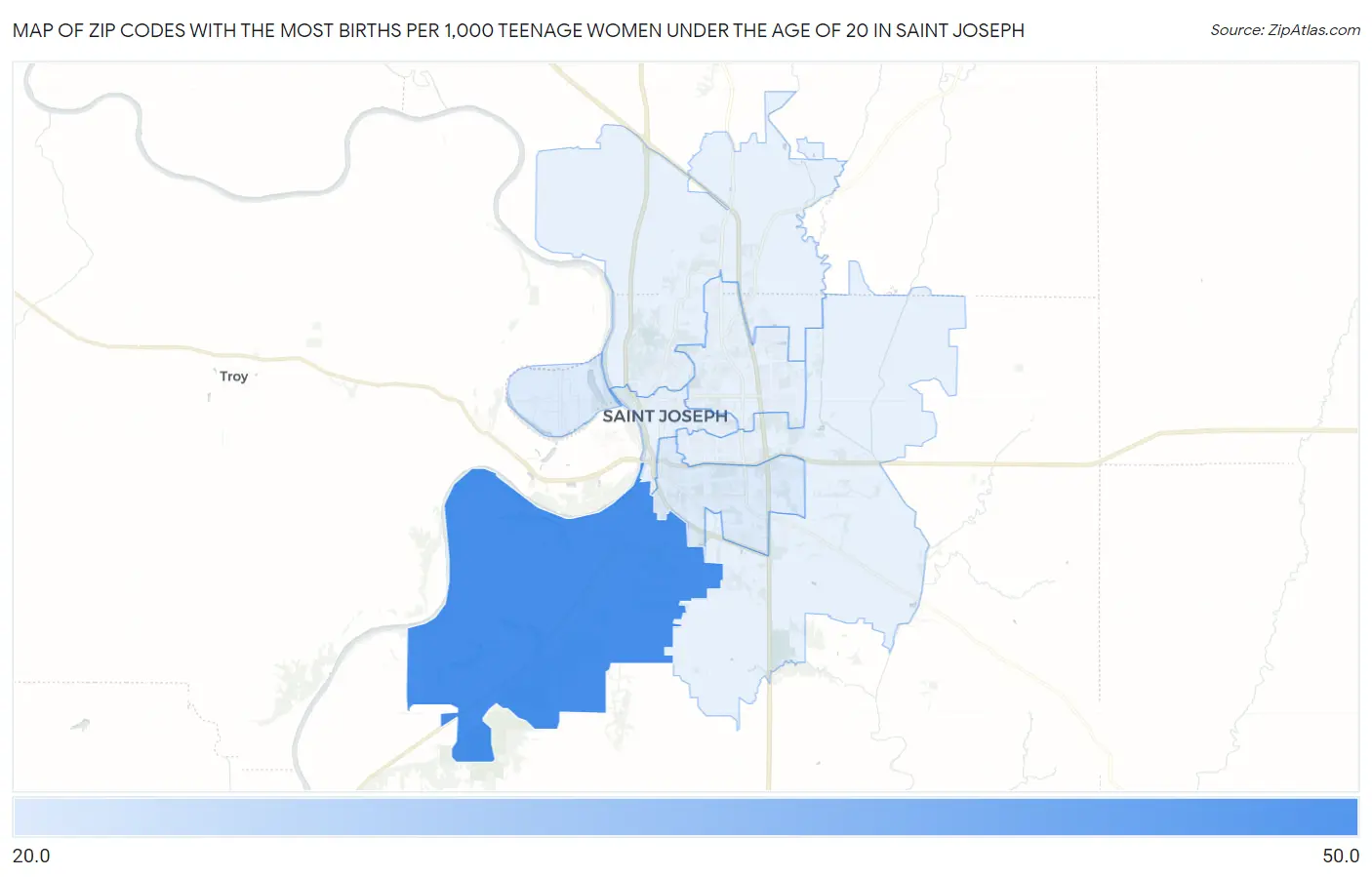 Zip Codes with the Most Births per 1,000 Teenage Women Under the Age of 20 in Saint Joseph Map