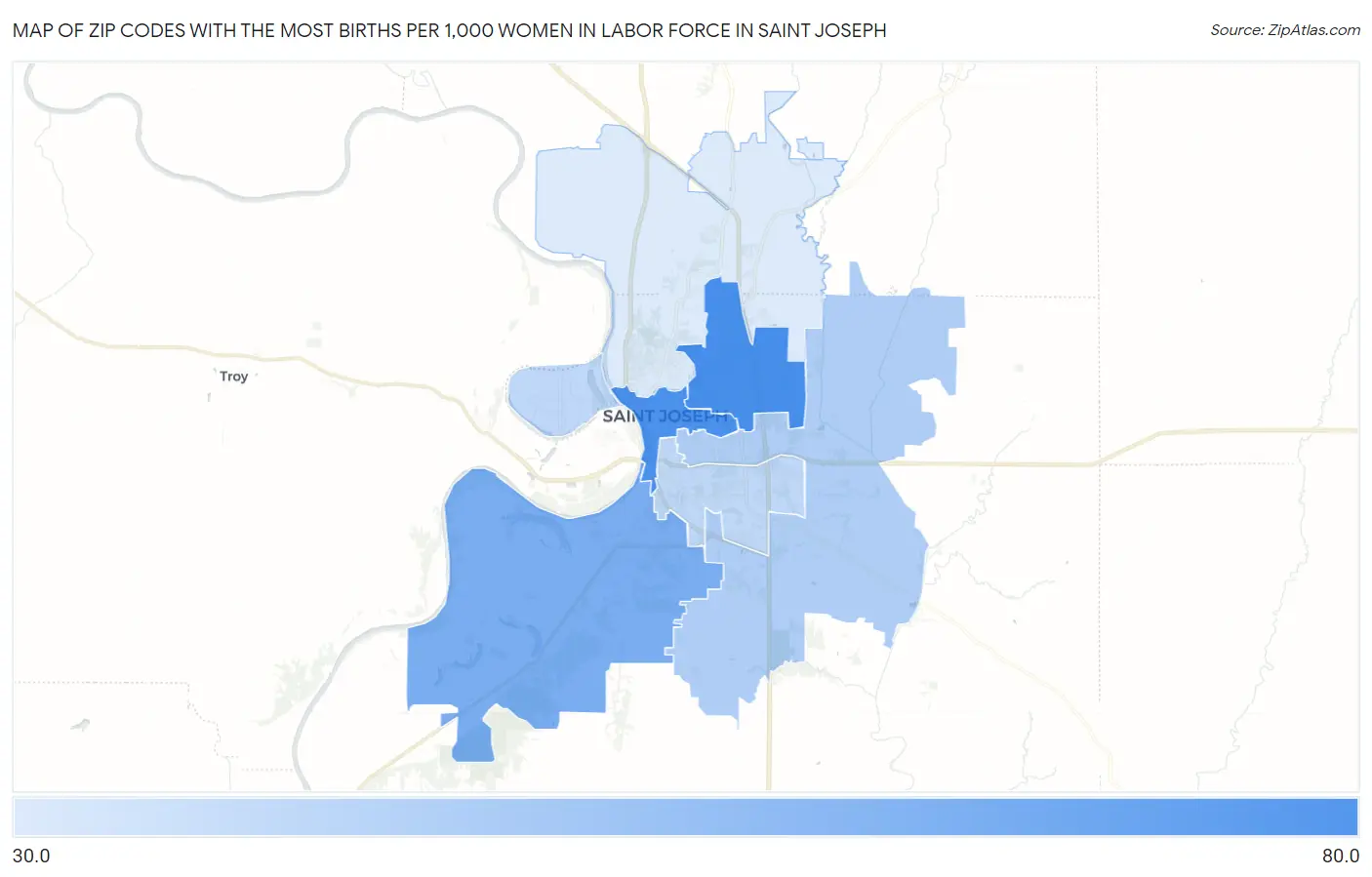 Zip Codes with the Most Births per 1,000 Women in Labor Force in Saint Joseph Map