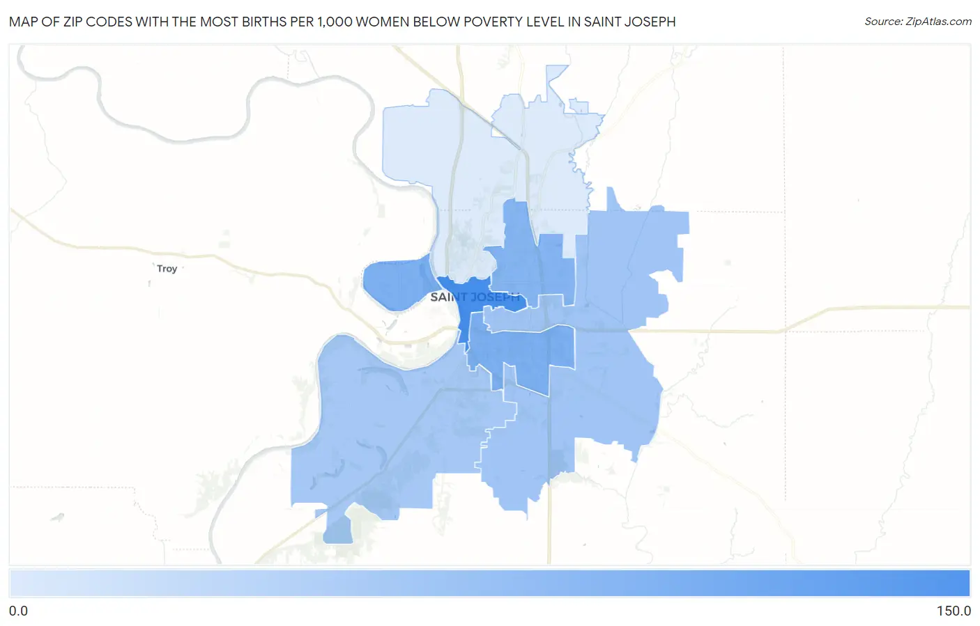 Zip Codes with the Most Births per 1,000 Women Below Poverty Level in Saint Joseph Map