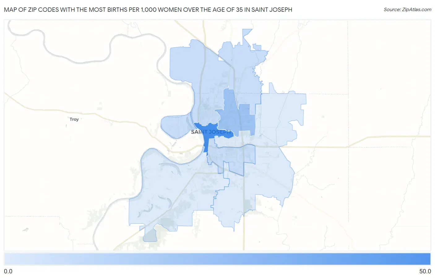 Zip Codes with the Most Births per 1,000 Women Over the Age of 35 in Saint Joseph Map