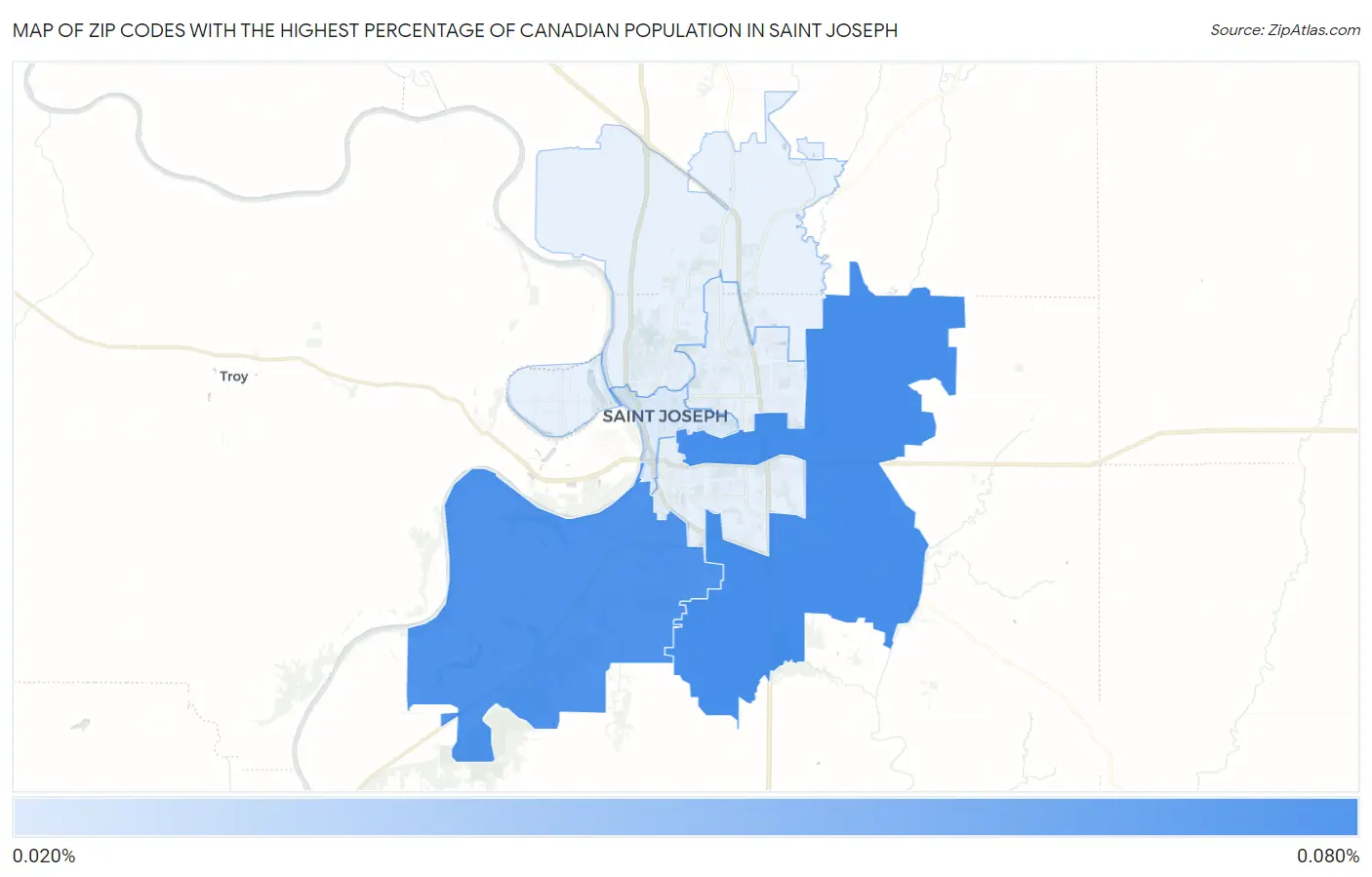 Zip Codes with the Highest Percentage of Canadian Population in Saint Joseph Map