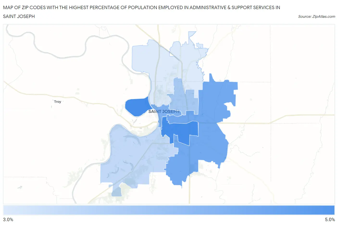Zip Codes with the Highest Percentage of Population Employed in Administrative & Support Services in Saint Joseph Map
