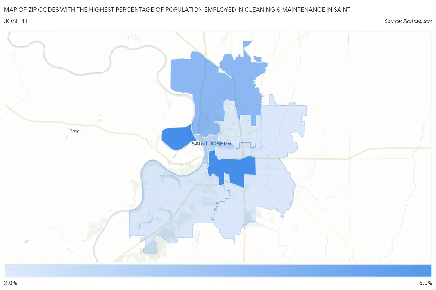 Zip Codes with the Highest Percentage of Population Employed in Cleaning & Maintenance in Saint Joseph Map