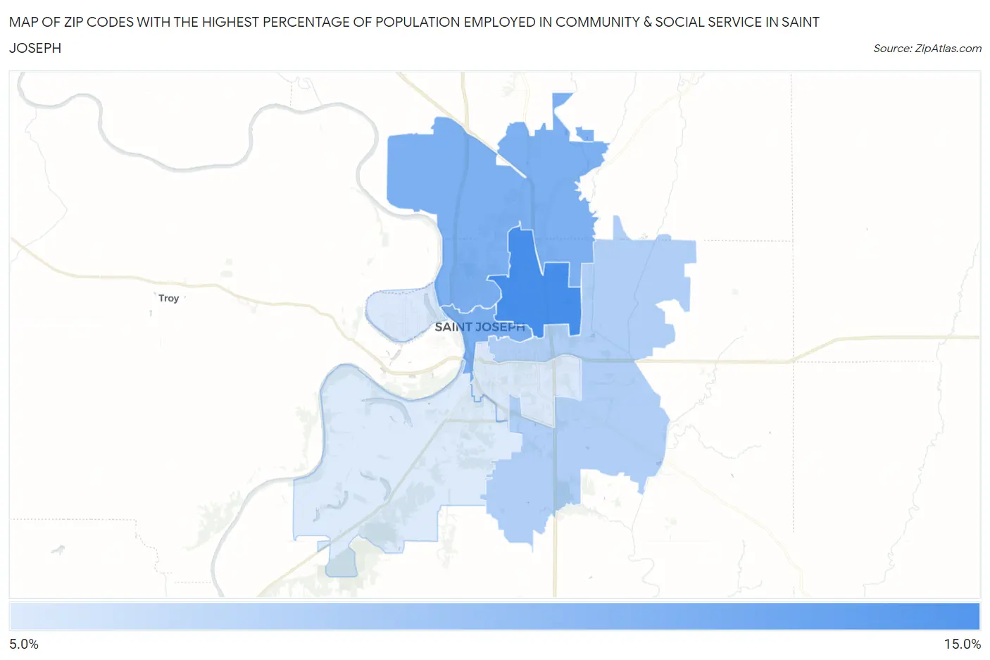 Zip Codes with the Highest Percentage of Population Employed in Community & Social Service  in Saint Joseph Map
